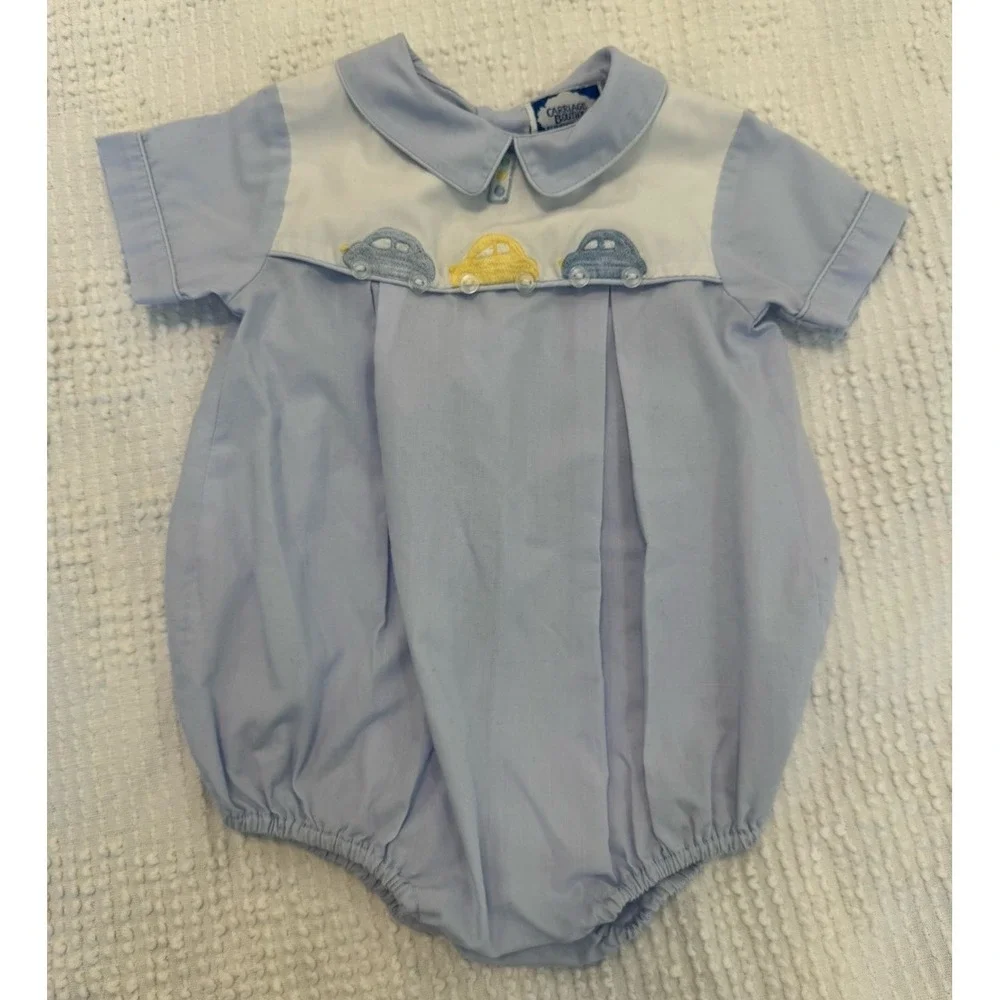 Carriage Boutiques Romper Bubble Light Blue White Collar Embroidered Cars 3 Mos